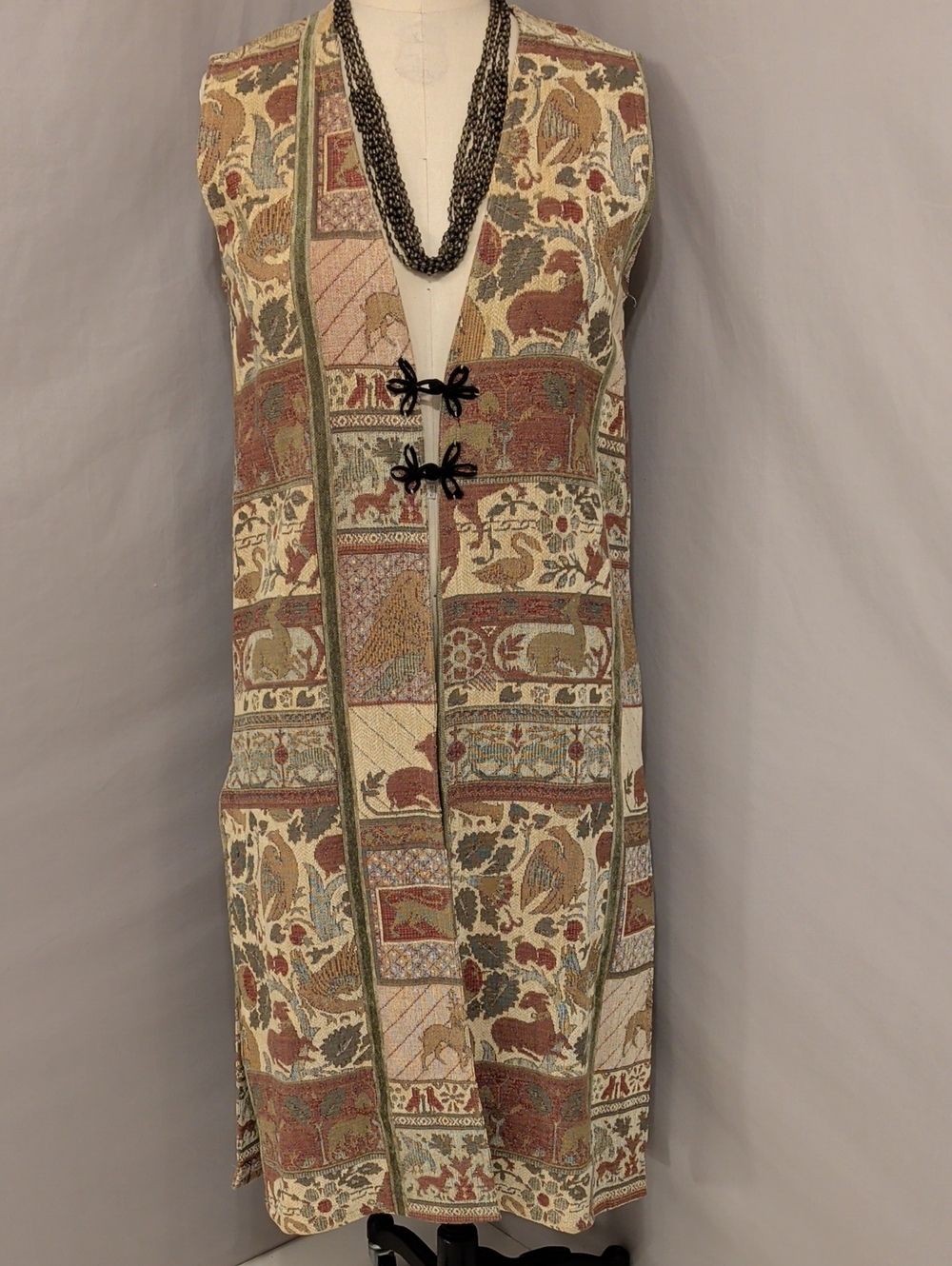 Vintage Bohemian Long Tapestry Poet Vest Heraldic Animals Soft Colors Handmade